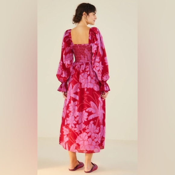 Farm Rio Floral Red and Purple Puff Sleeve Dress M - Picture 4 of 9